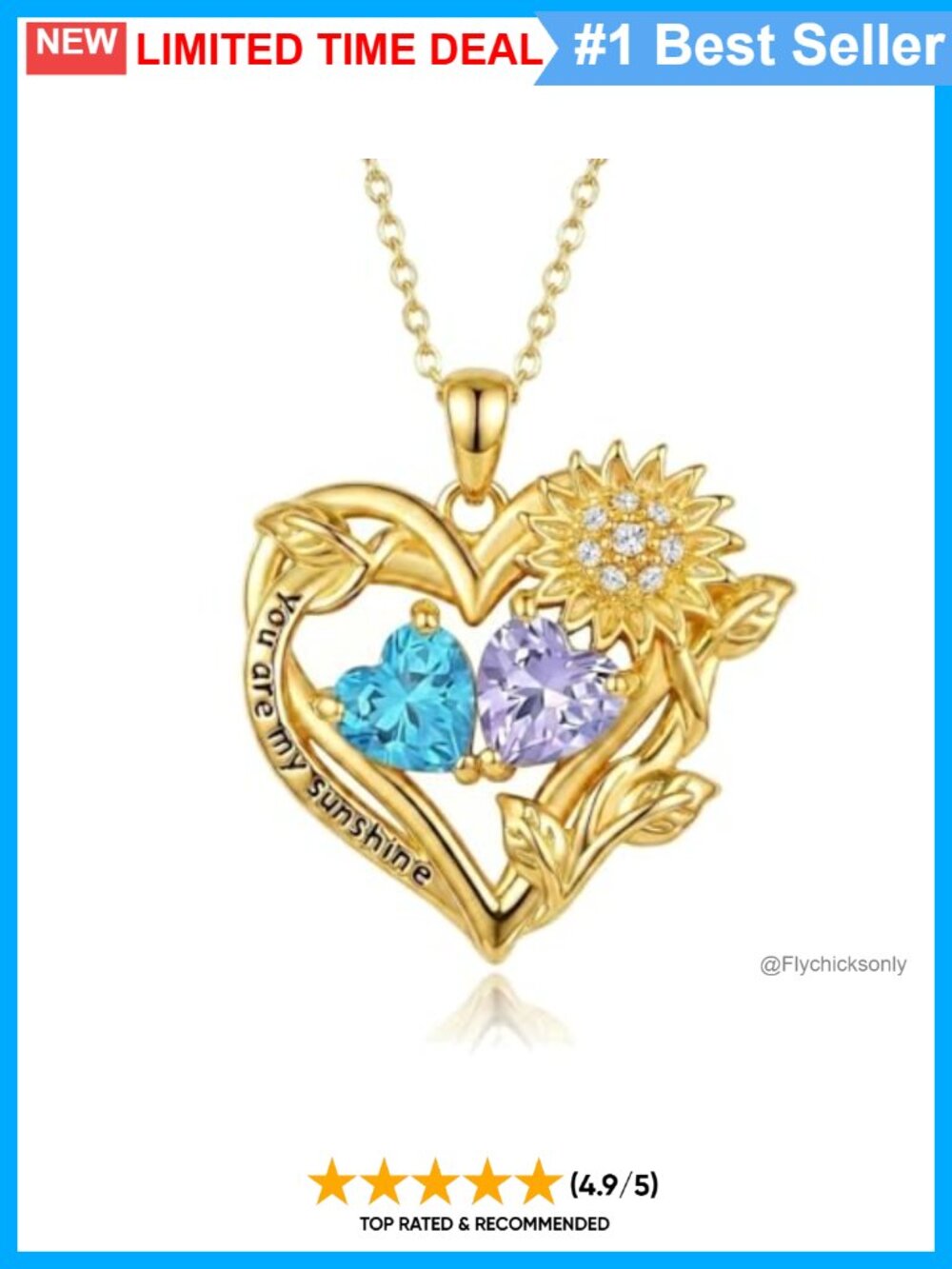 14K Gold Plated Sunflower Two Birthstone Heart Pendant Necklace